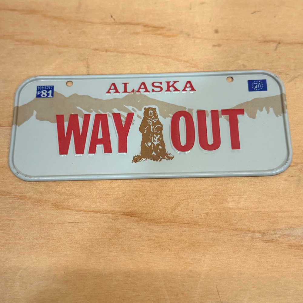 Alaska Souvenir License Plate Gray Way Out Grizzly Bear Embossed‎ 1980s Vintage